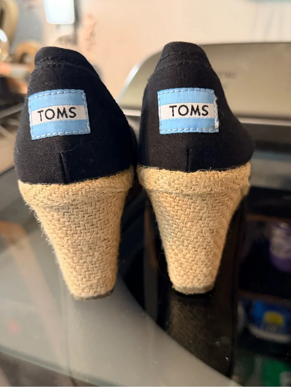 TOMS Black Canvas Peep Toe Espadrille Wedge Heels Women’s Size 7 Slip On